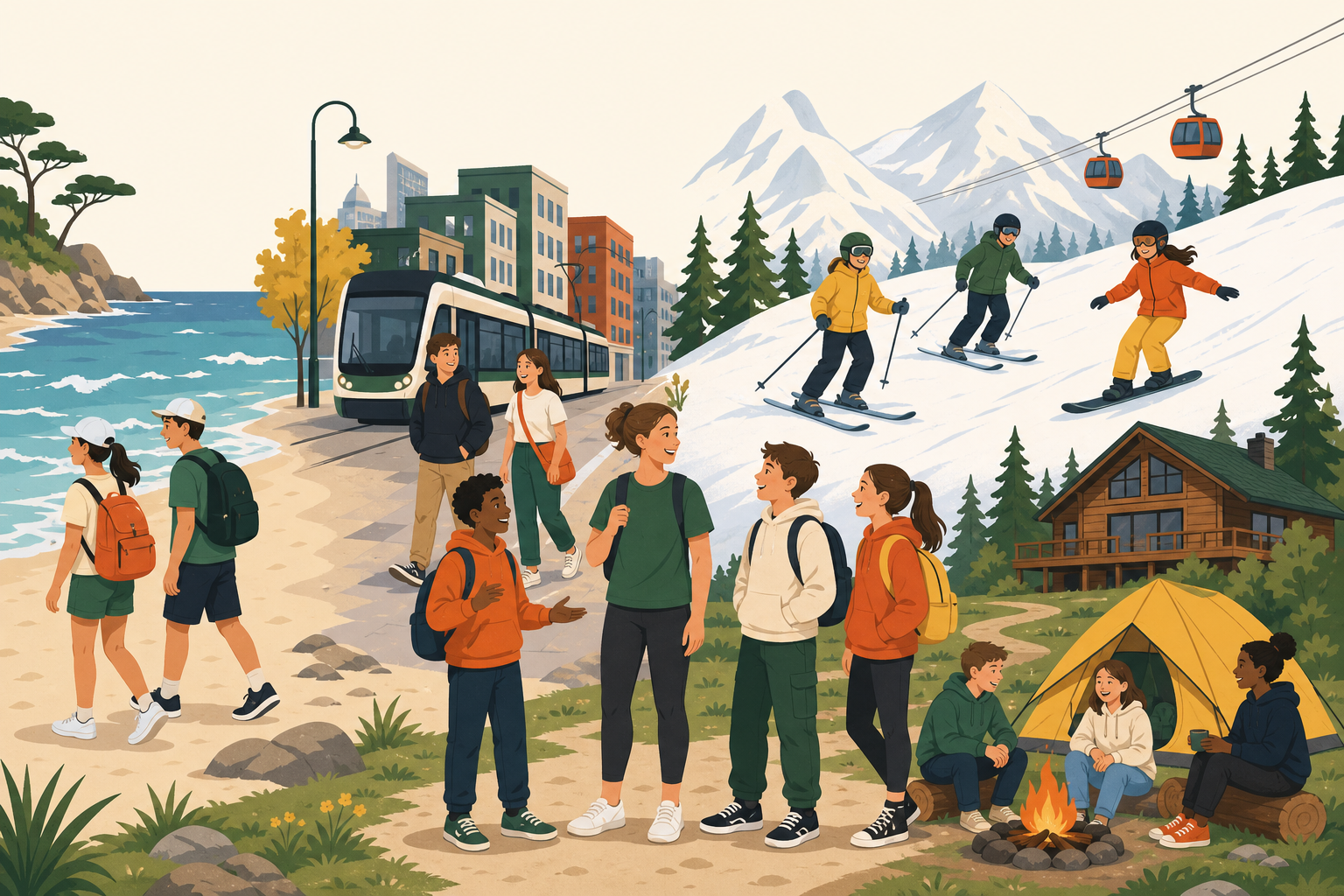 Freizeit überall: Strand, Stadt, Ski und Zelt